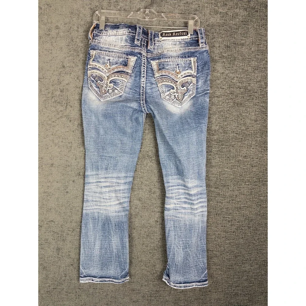 Rock Revival Jeans Womens 28 Yandel‎ Blue Mid Rise Cropped Rhinestone Distressed